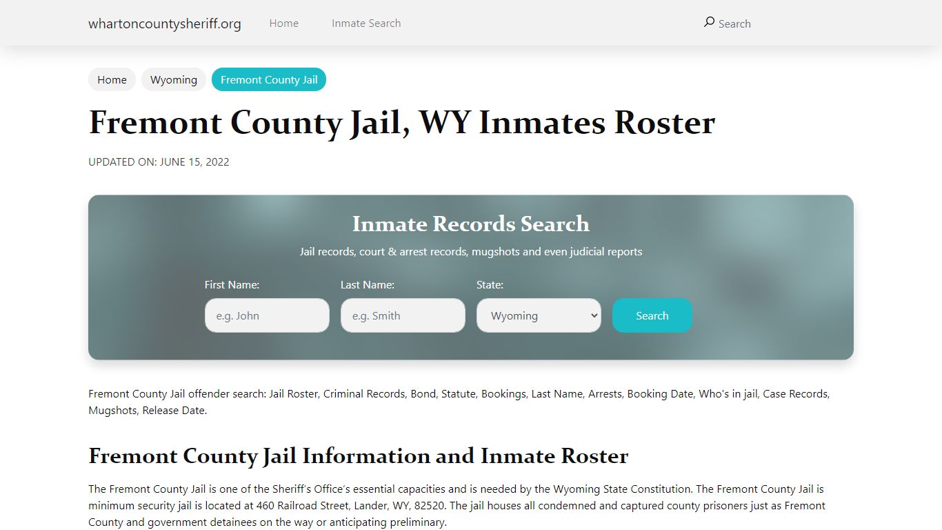 Fremont County Jail, WY Jail Roster, Name Search